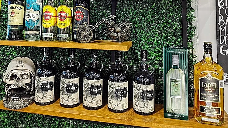 Repisa con una calavera decorativa y botellas sobre el muro de follaje